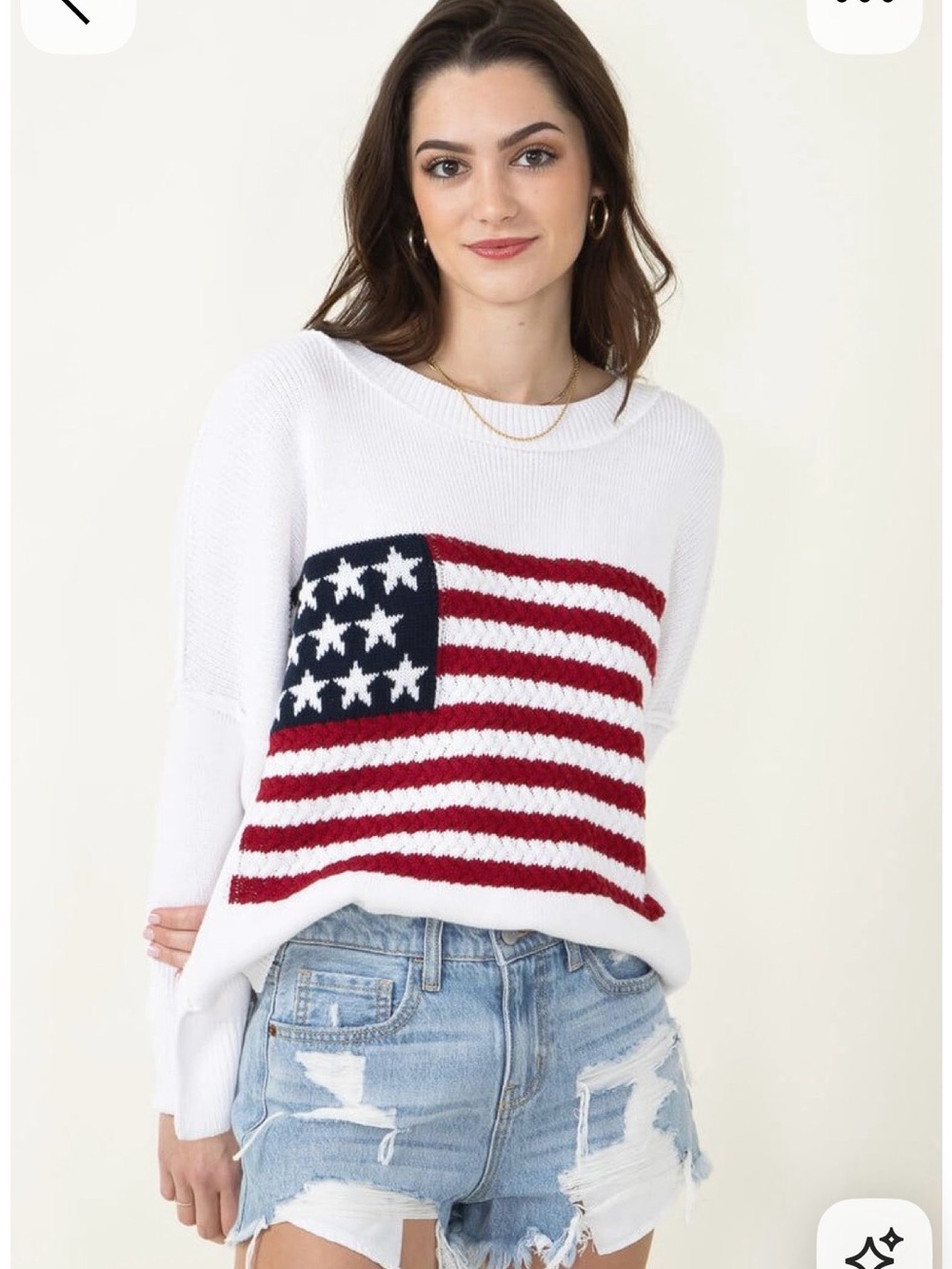 Miracle White Crewneck Sweater with Red & Navy Flag Intarsia